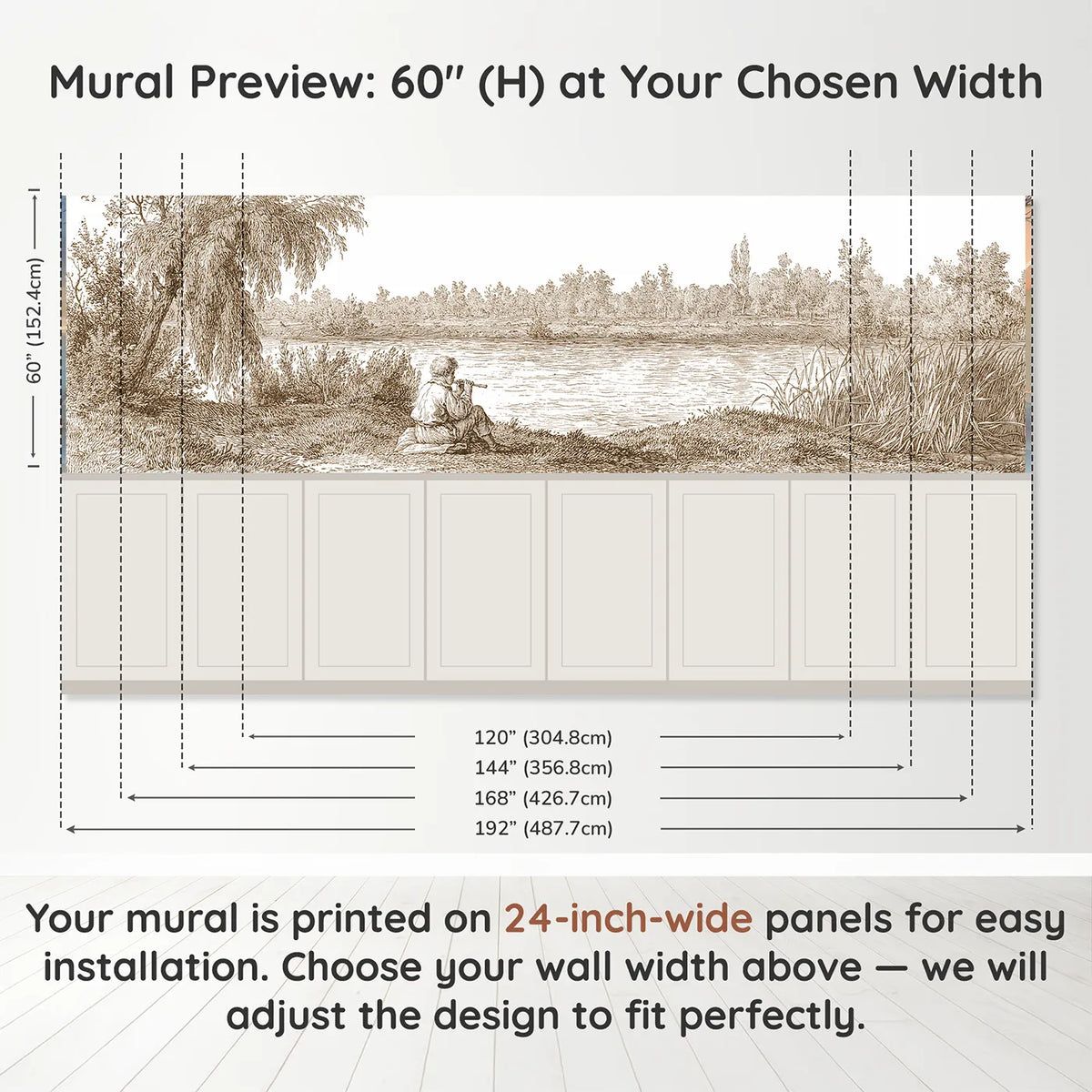 Panel dimensions for The Flute By The Stream Wainscoting Wallpaper in Brown by Whimsy Tots