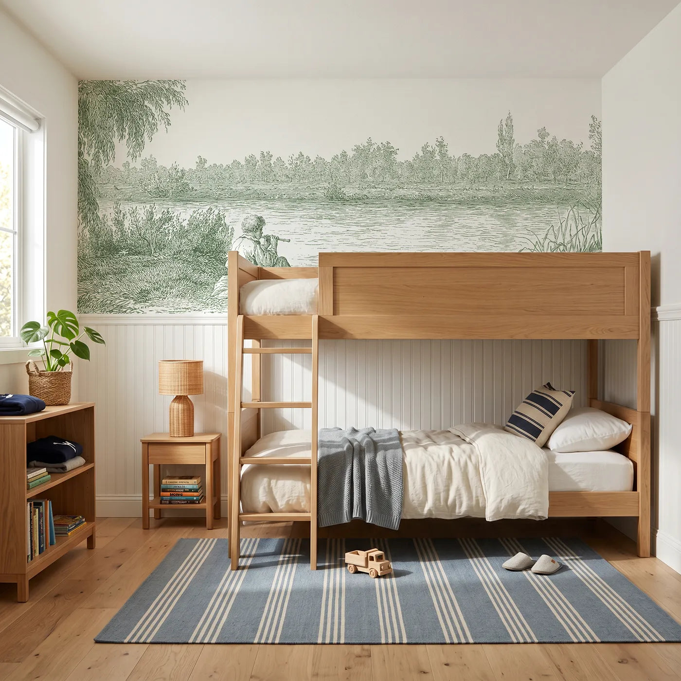Toile wainscoting wallpaper of the flute by the stream in green by Whimsy Tots