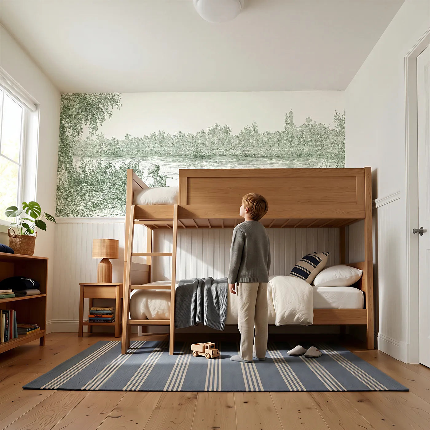 Child reading near The Flute By The Stream Wainscoting Wallpaper in Green by Whimsy Tots