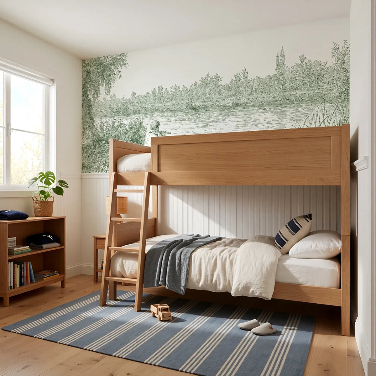 The Flute By The Stream Wainscoting Wallpaper in Green styled in a kids room by Whimsy Tots