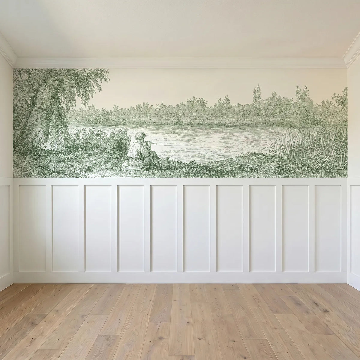 Full panel view of The Flute By The Stream Wainscoting Wallpaper in Green by Whimsy Tots