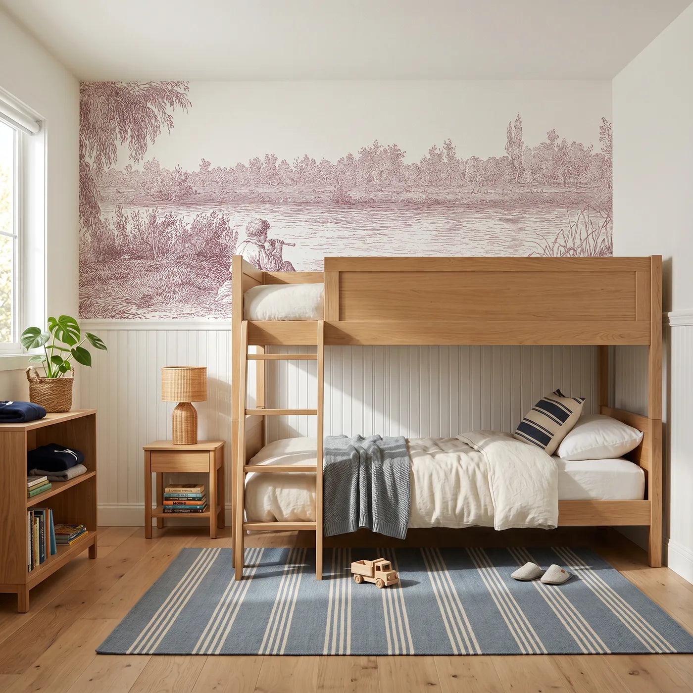 Toile wainscoting wallpaper of the flute by the stream in pink by Whimsy Tots