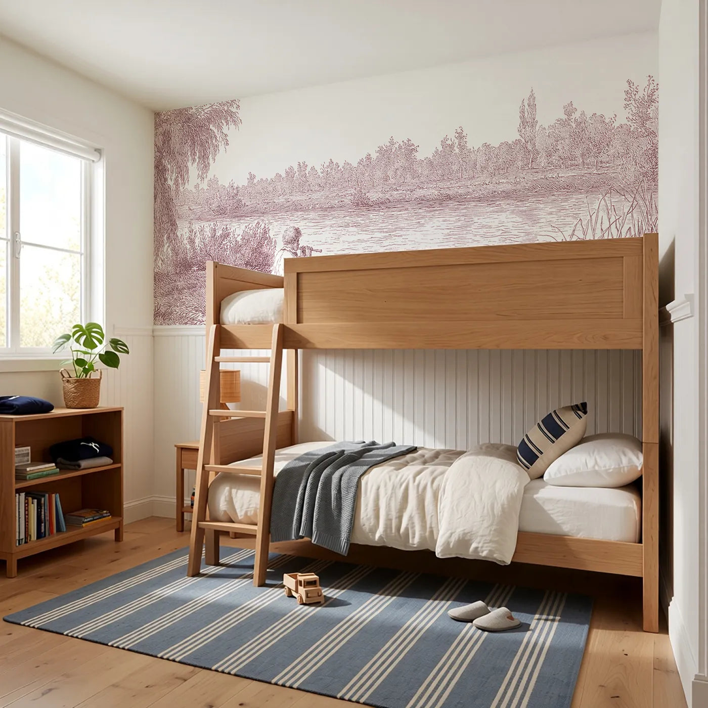 The Flute By The Stream Wainscoting Wallpaper in Pink styled in a kids room by Whimsy Tots
