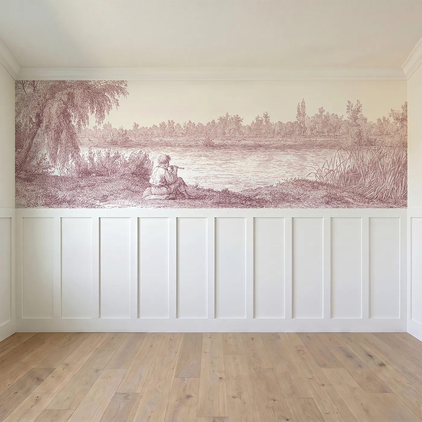Full panel view of The Flute By The Stream Wainscoting Wallpaper in Pink by Whimsy Tots