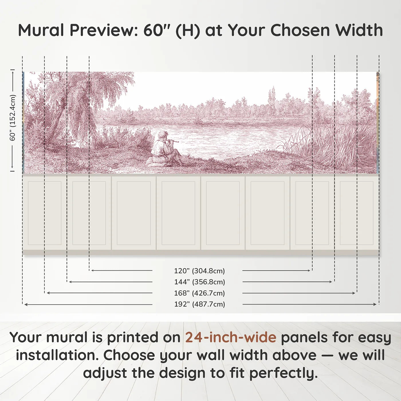 Panel dimensions for The Flute By The Stream Wainscoting Wallpaper in Pink by Whimsy Tots