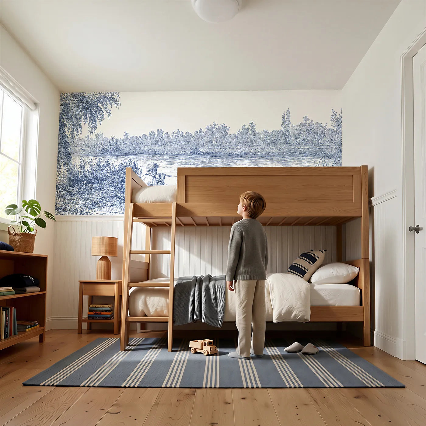 Child reading near The Flute By The Stream Wainscoting Wallpaper by Whimsy Tots