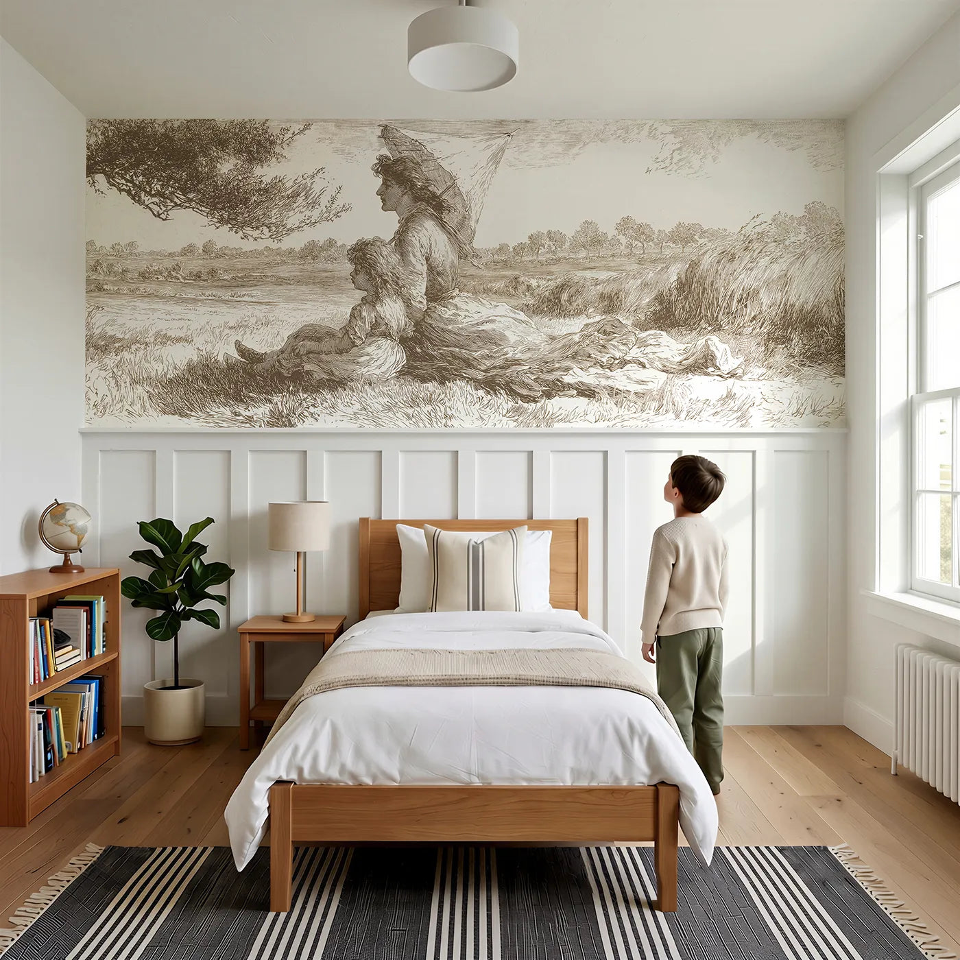 Child reading near Under The Parasol Wainscoting Wallpaper in Brown by Whimsy Tots