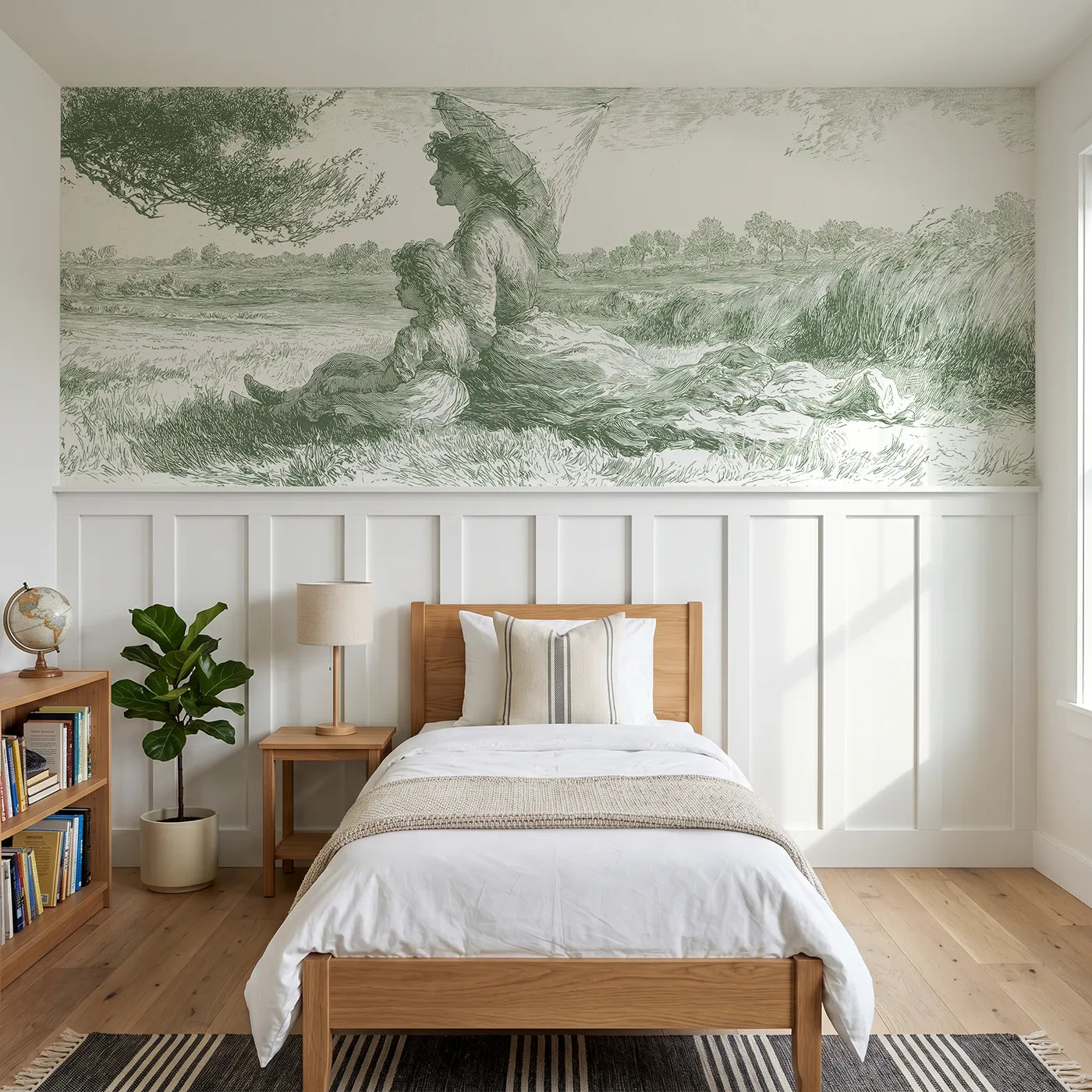Toile wainscoting wallpaper of under the parasol in green by Whimsy Tots