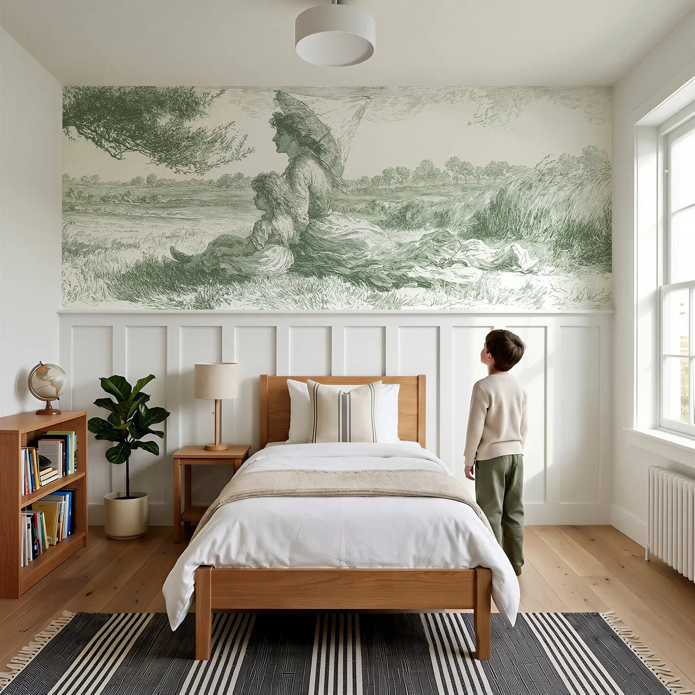 Child reading near Under The Parasol Wainscoting Wallpaper in Green by Whimsy Tots