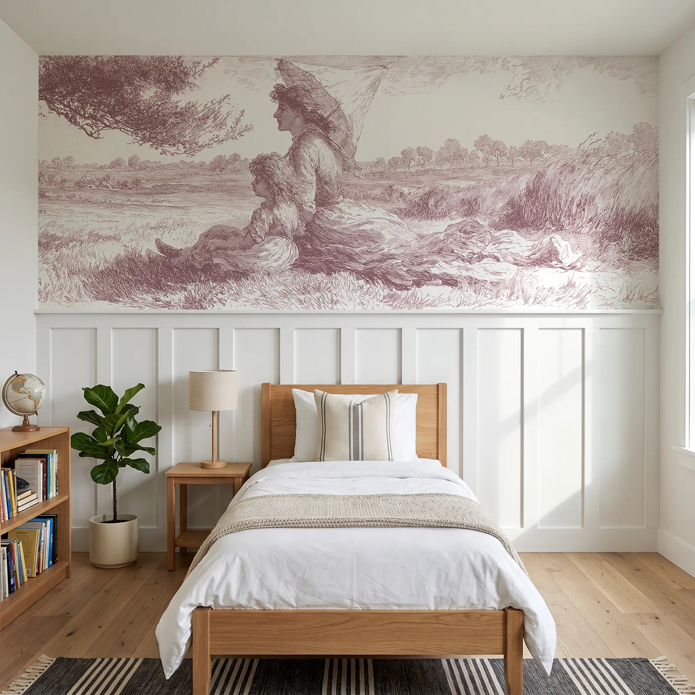 Toile wainscoting wallpaper of under the parasol in pink by Whimsy Tots