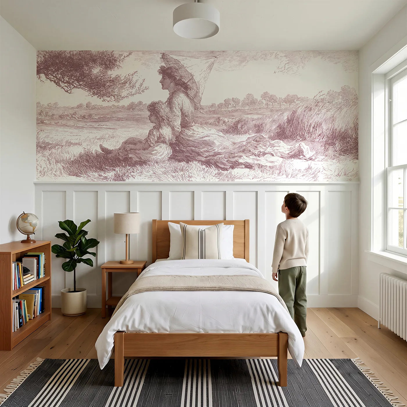 Child reading near Under The Parasol Wainscoting Wallpaper in Pink by Whimsy Tots