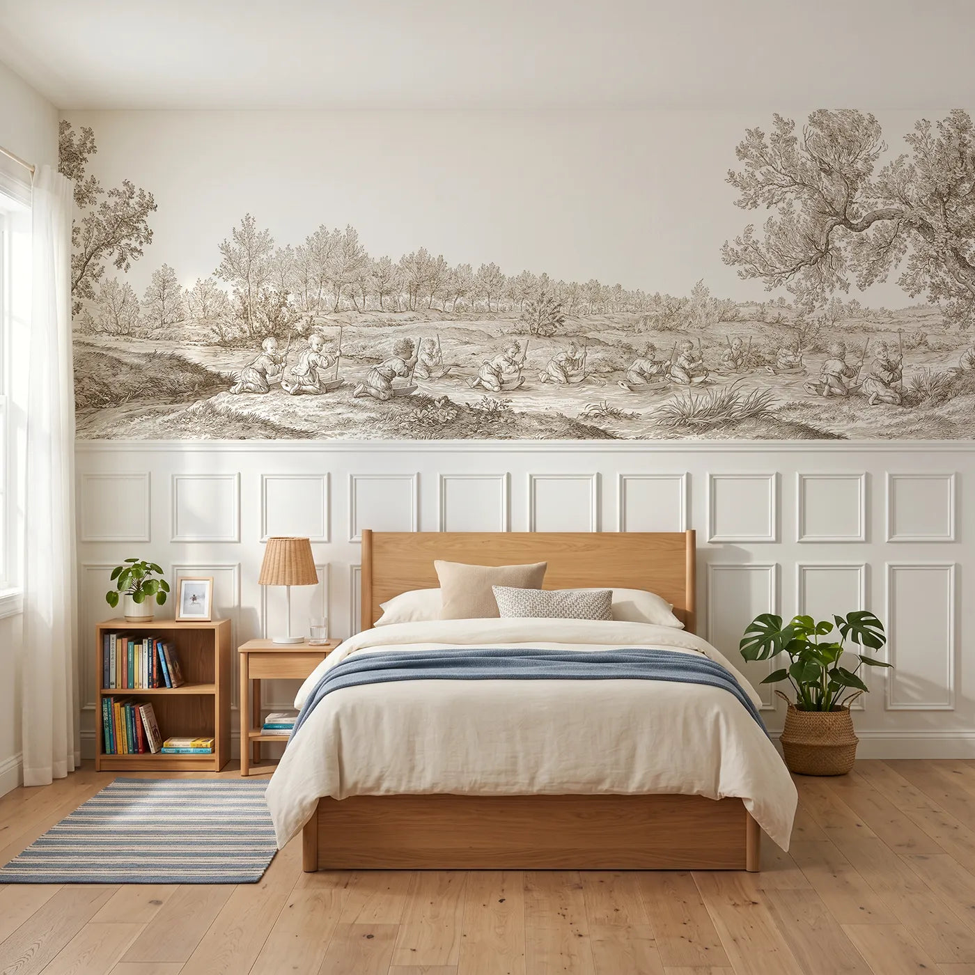 Toile wainscoting wallpaper of toy boats on the stream in brown by Whimsy Tots