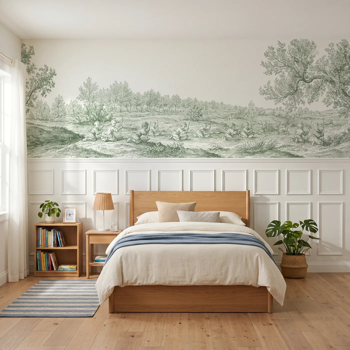 Toile wainscoting wallpaper of toy boats on the stream in green by Whimsy Tots