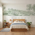Toile wainscoting wallpaper of toy boats on the stream in green by Whimsy Tots