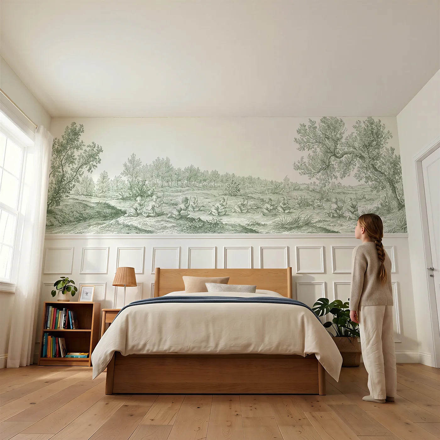 Child reading near Toy Boats On The Stream Wainscoting Wallpaper in Green by Whimsy Tots