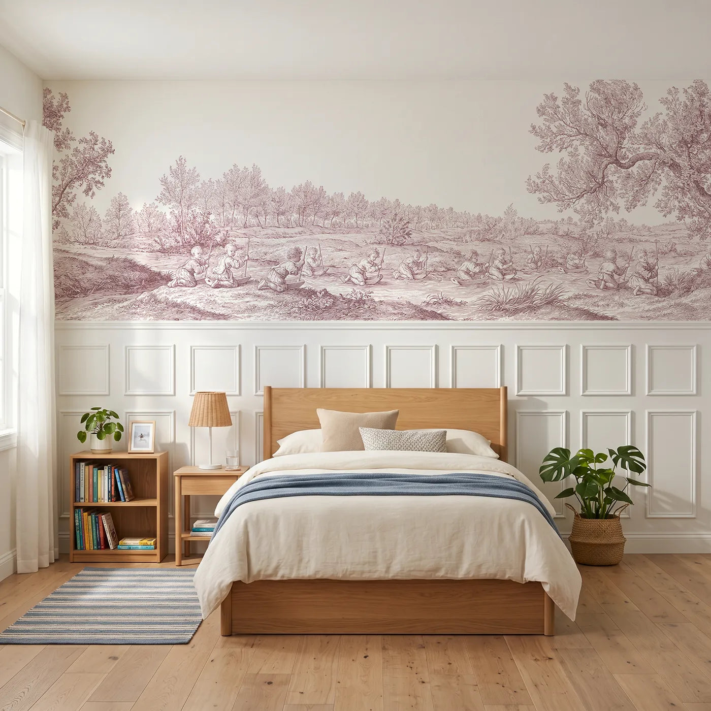 Toile wainscoting wallpaper of toy boats on the stream in pink by Whimsy Tots