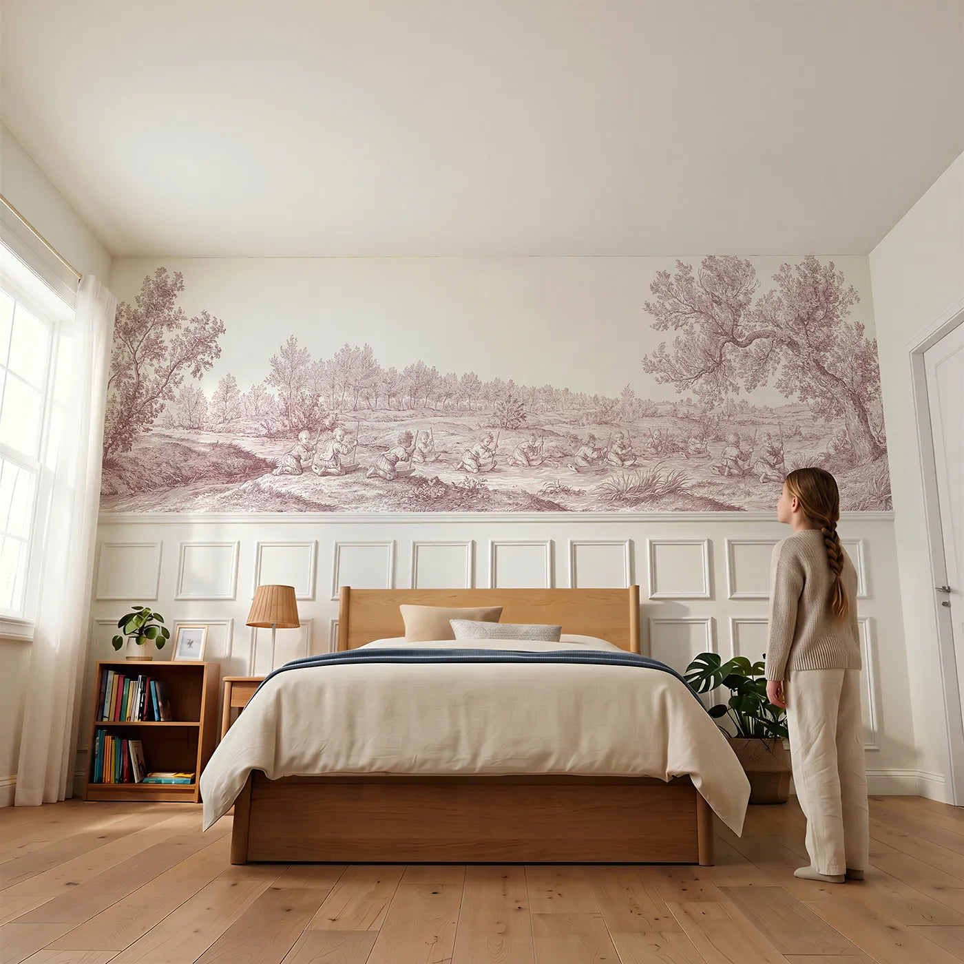 Child reading near Toy Boats On The Stream Wainscoting Wallpaper in Pink by Whimsy Tots