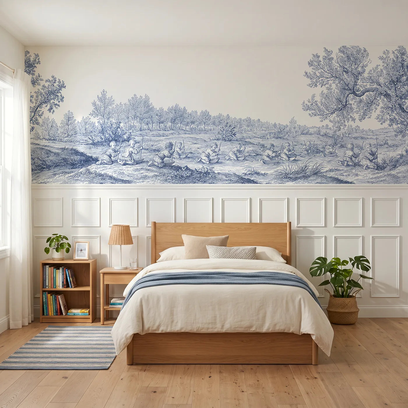 Toile wainscoting wallpaper of toy boats on the stream by Whimsy Tots