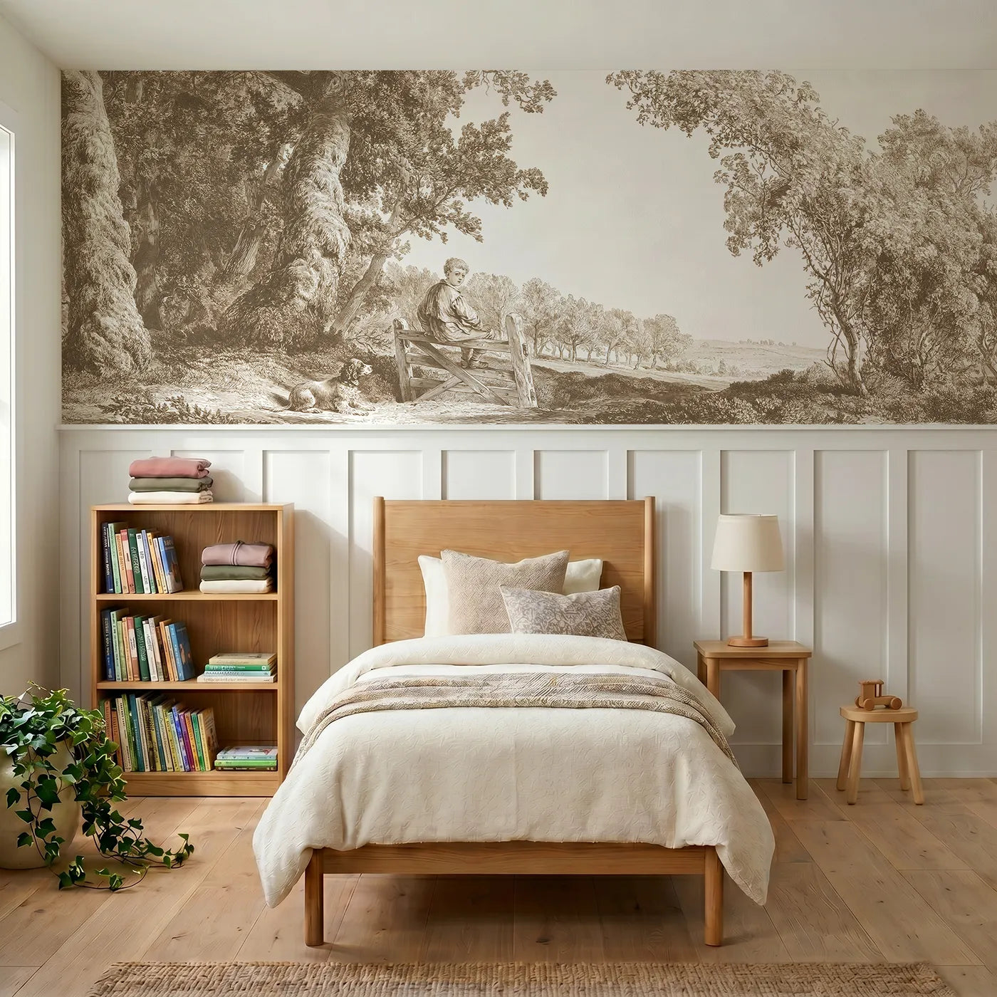 Toile wainscoting wallpaper of the boy at the stile in brown by Whimsy Tots