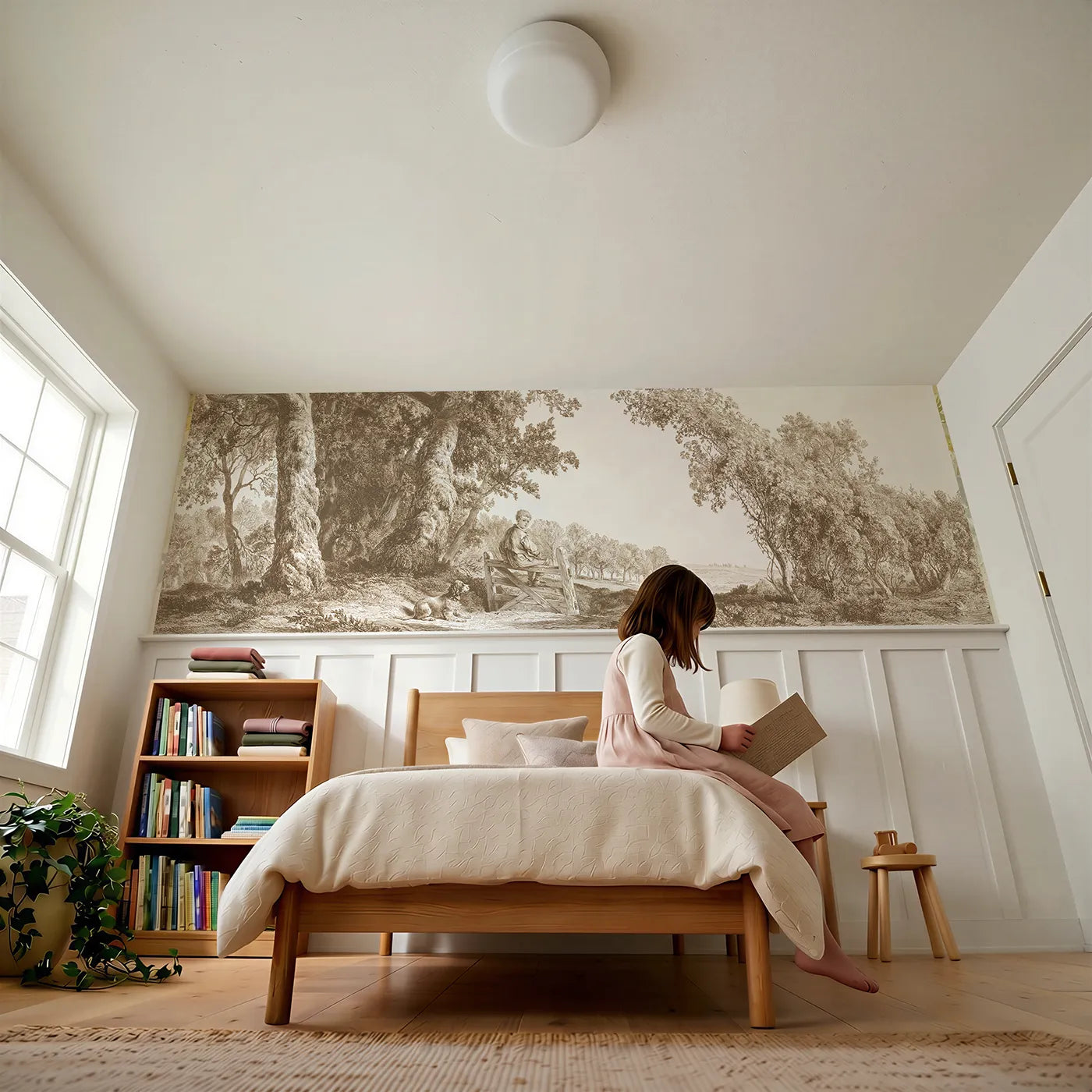 Child reading near The Boy At The Stile Wainscoting Wallpaper in Brown by Whimsy Tots