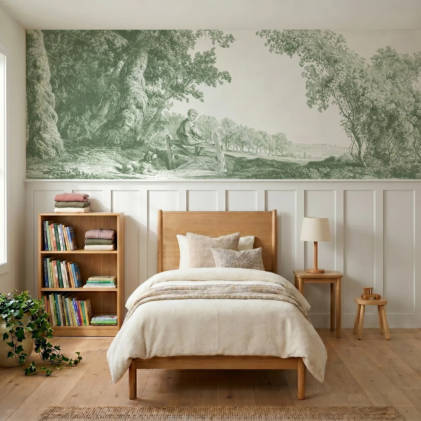 Toile wainscoting wallpaper of the boy at the stile in green by Whimsy Tots