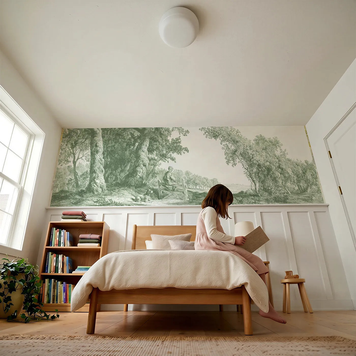 Child reading near The Boy At The Stile Wainscoting Wallpaper in Green by Whimsy Tots
