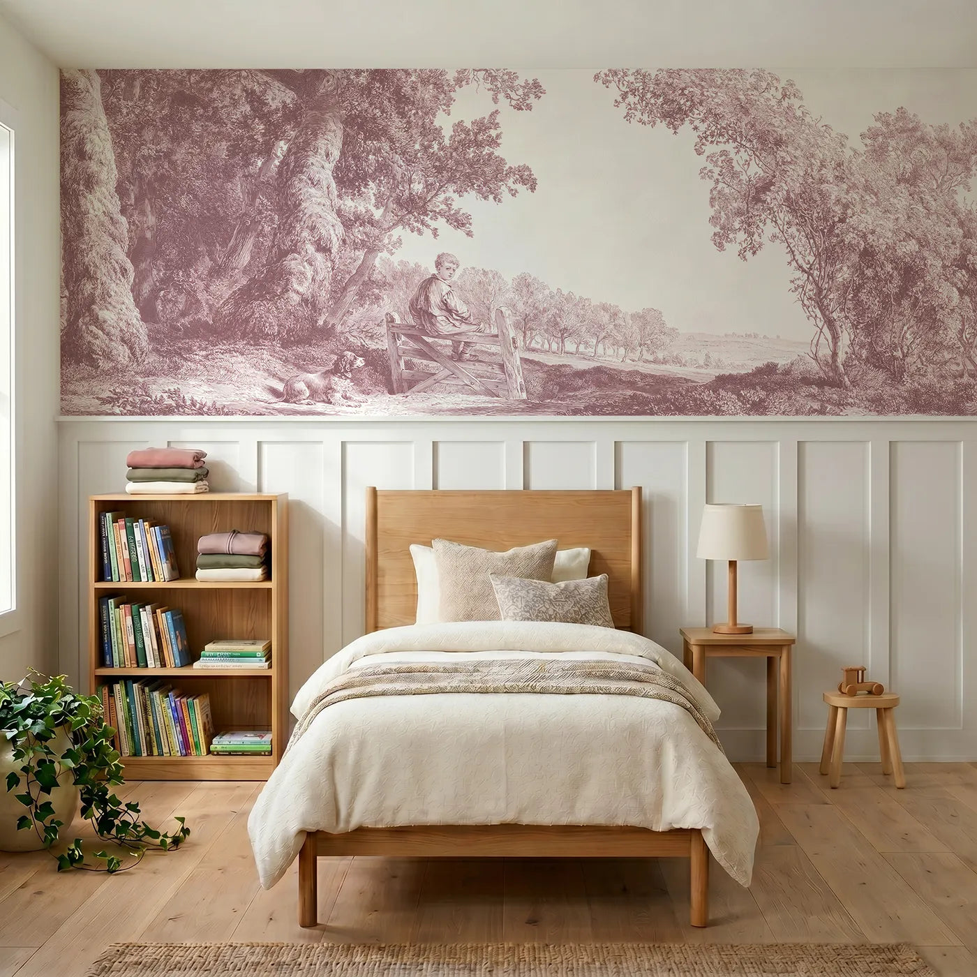 Toile wainscoting wallpaper of the boy at the stile in pink by Whimsy Tots
