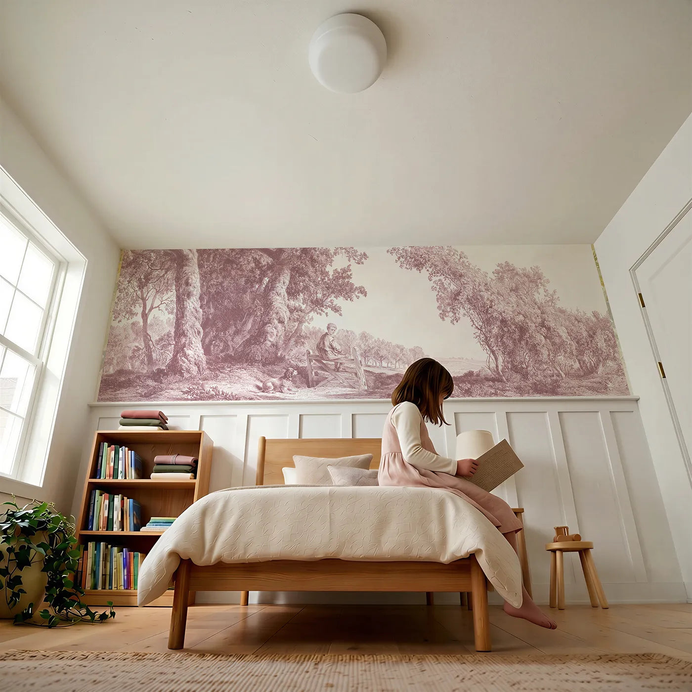 Child reading near The Boy At The Stile Wainscoting Wallpaper in Pink by Whimsy Tots