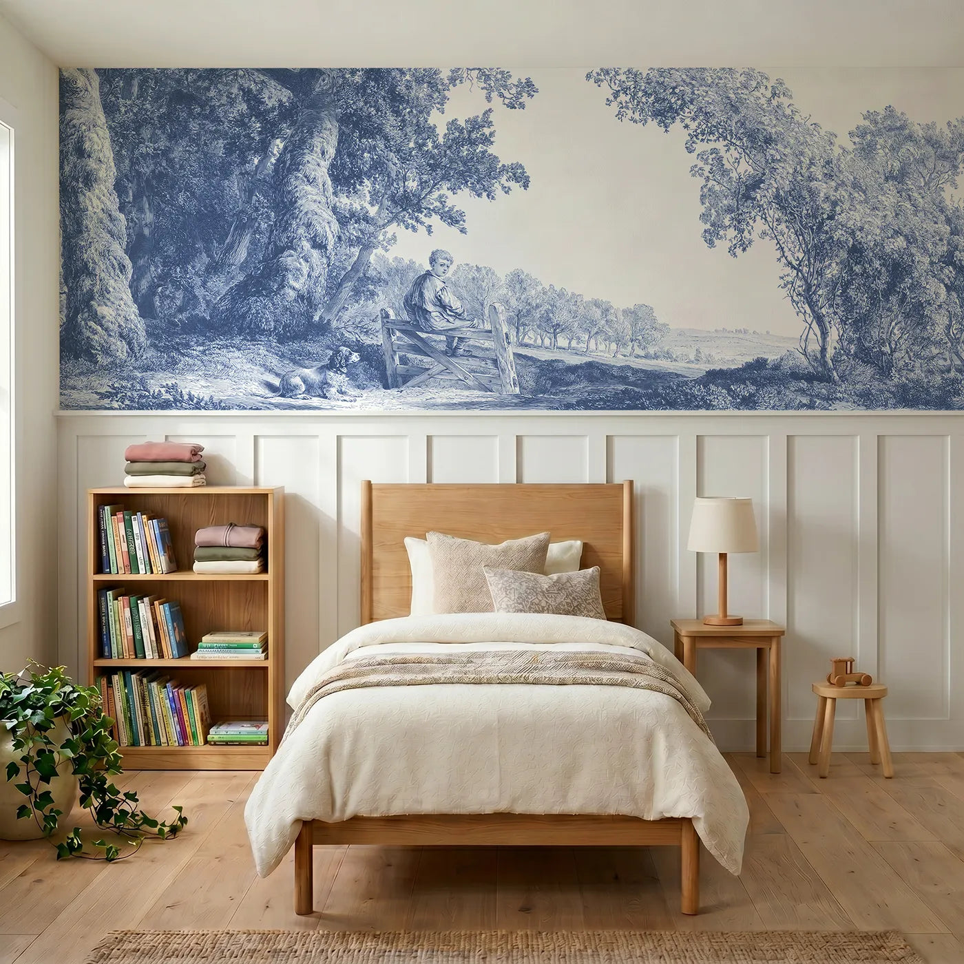 Toile wainscoting wallpaper of the boy at the stile by Whimsy Tots