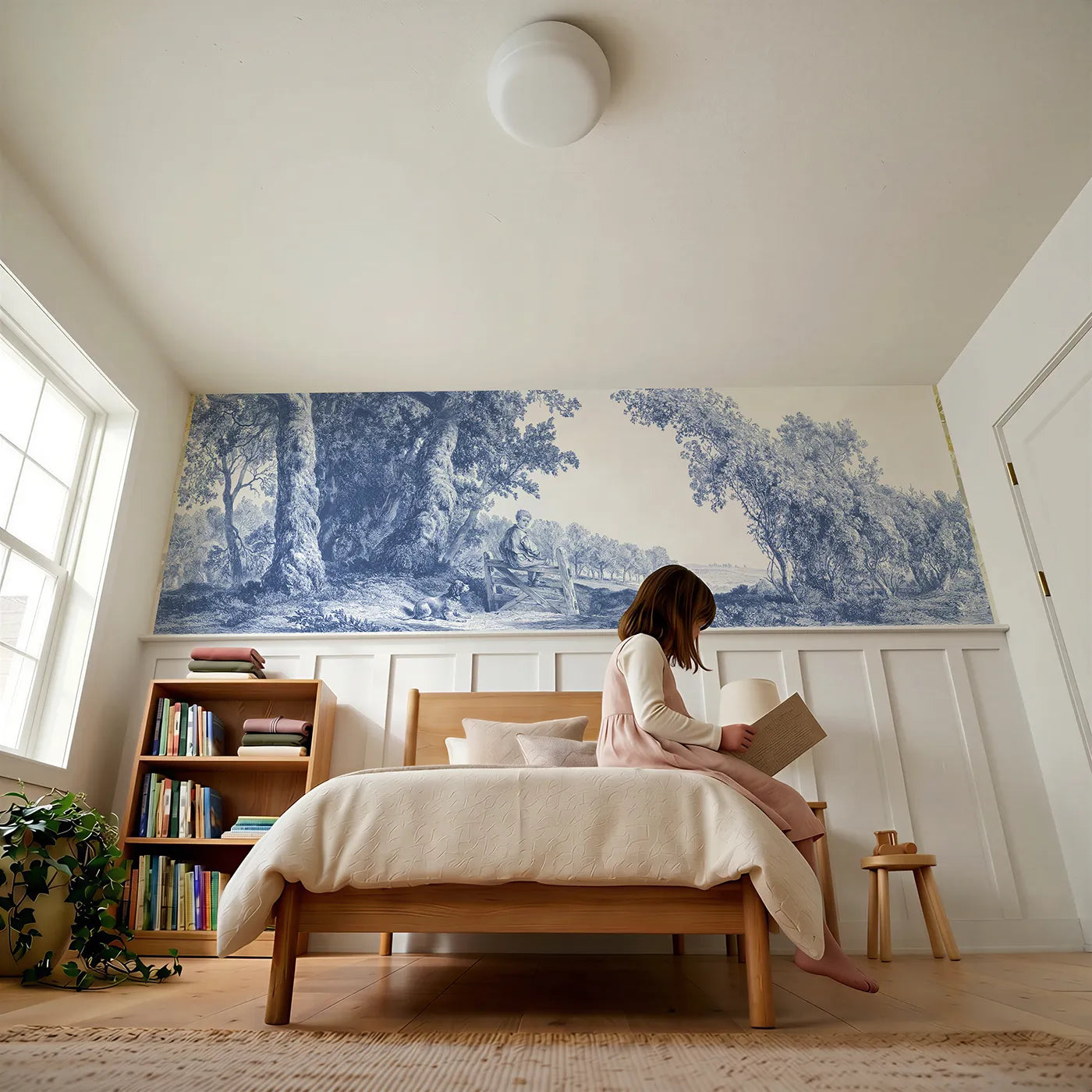 Child reading near The Boy At The Stile Wainscoting Wallpaper by Whimsy Tots
