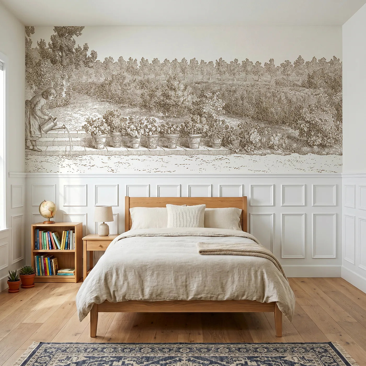 Toile wainscoting wallpaper of watering the pots in brown by Whimsy Tots