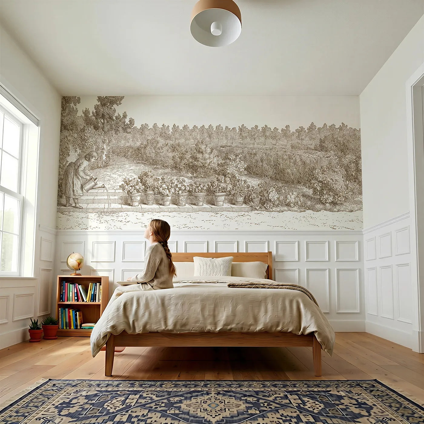 Child reading near Watering The Pots Wainscoting Wallpaper in Brown by Whimsy Tots
