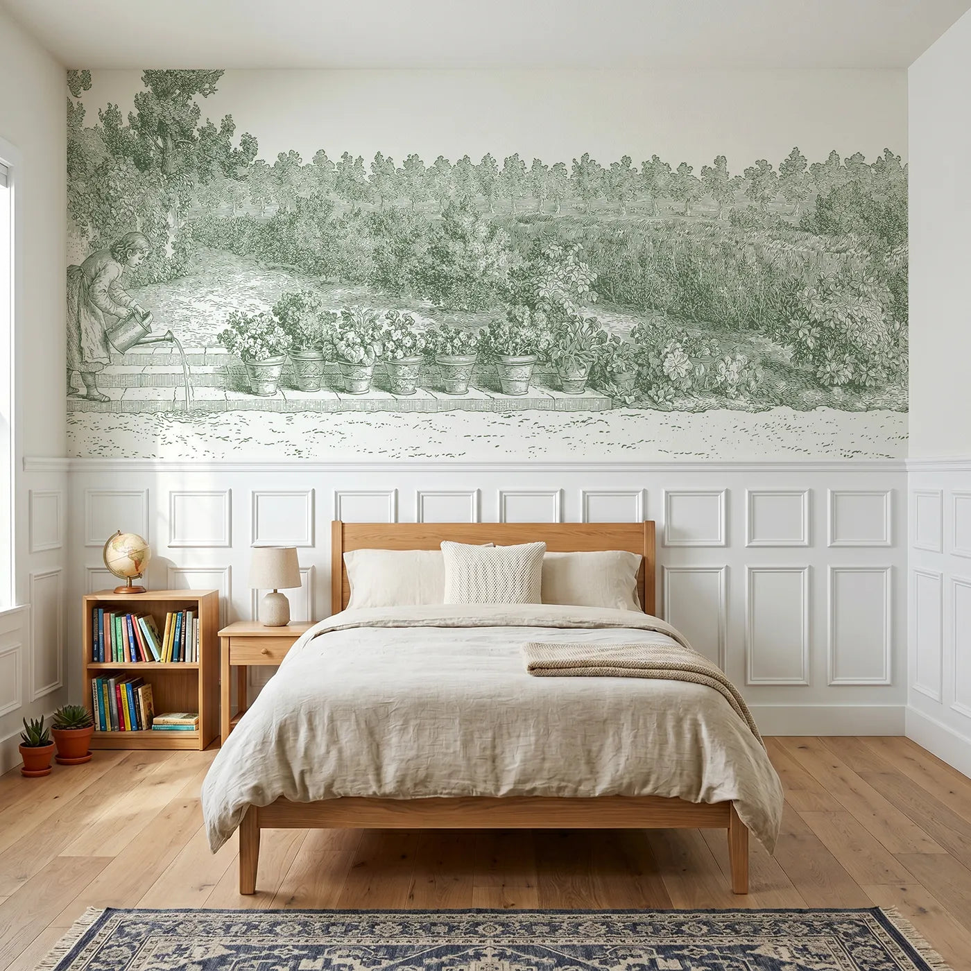 Toile wainscoting wallpaper of watering the pots in green by Whimsy Tots