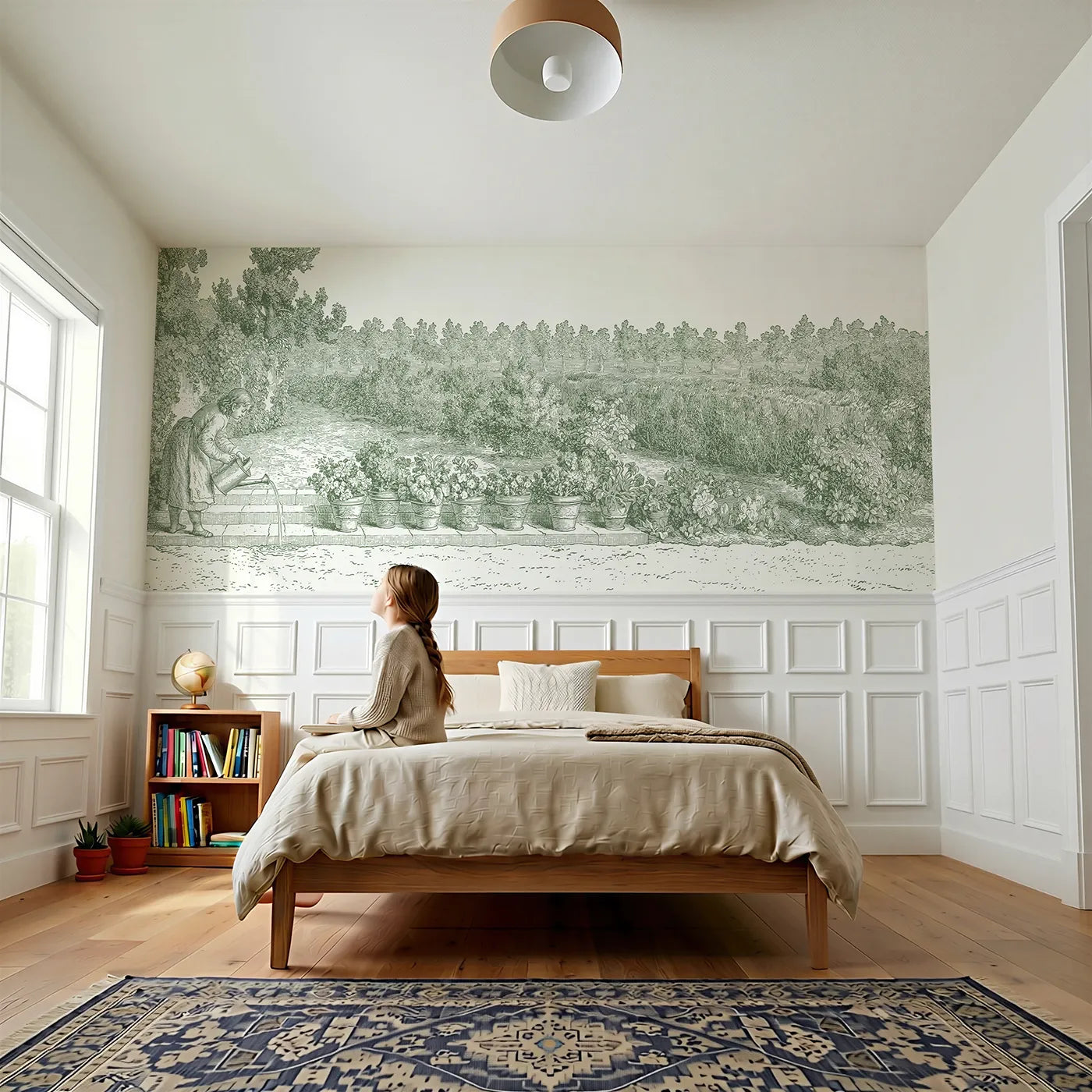Child reading near Watering The Pots Wainscoting Wallpaper in Green by Whimsy Tots