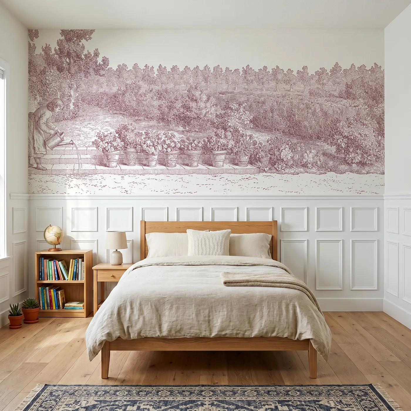 Toile wainscoting wallpaper of watering the pots in pink by Whimsy Tots