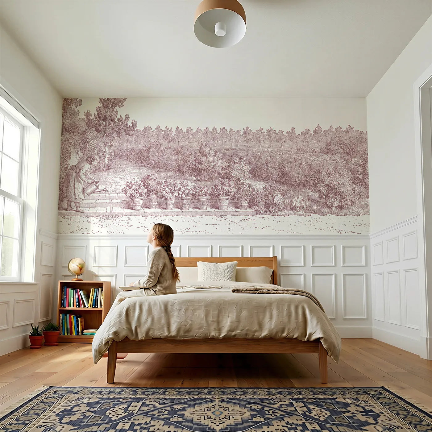 Child reading near Watering The Pots Wainscoting Wallpaper in Pink by Whimsy Tots