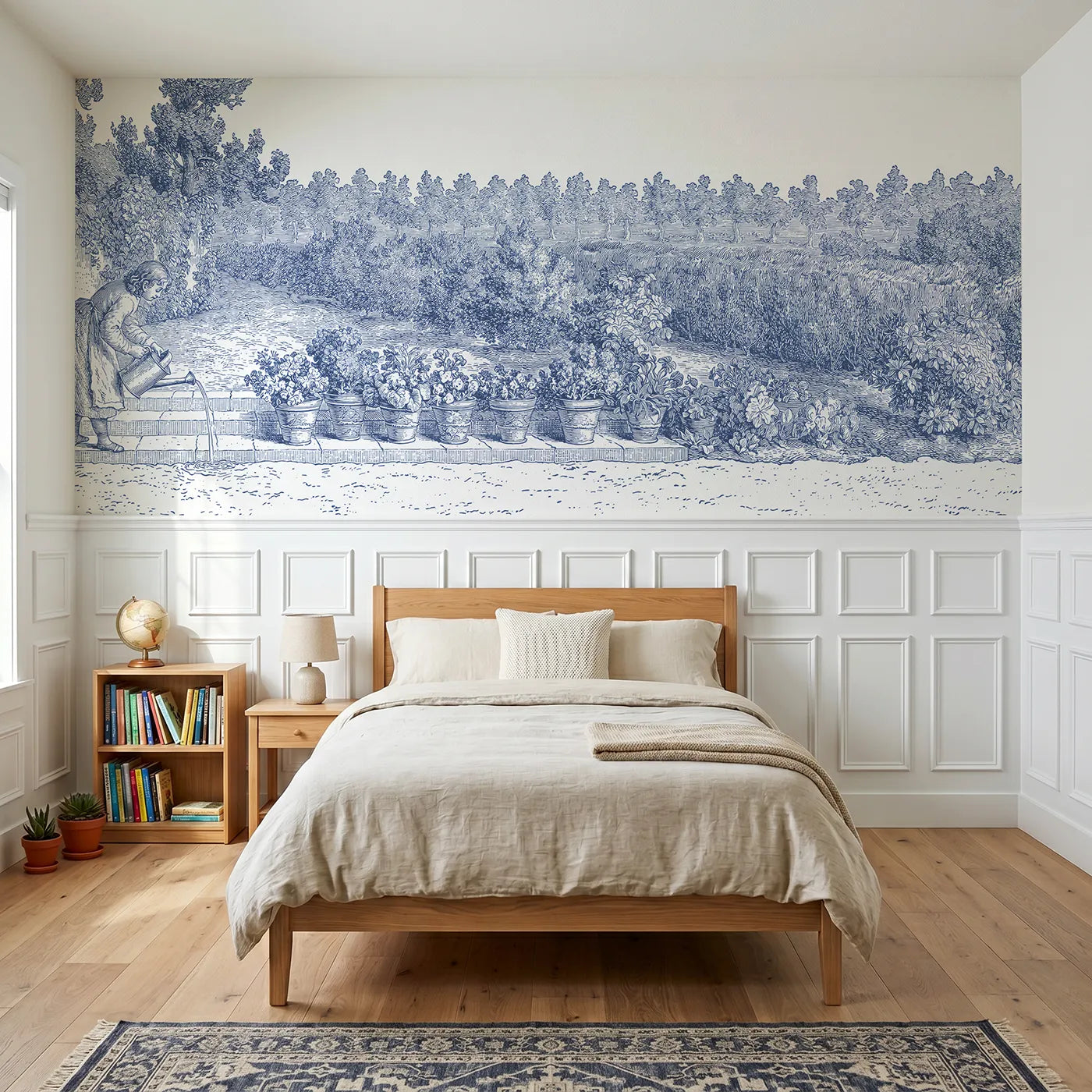 Toile wainscoting wallpaper of watering the pots by Whimsy Tots