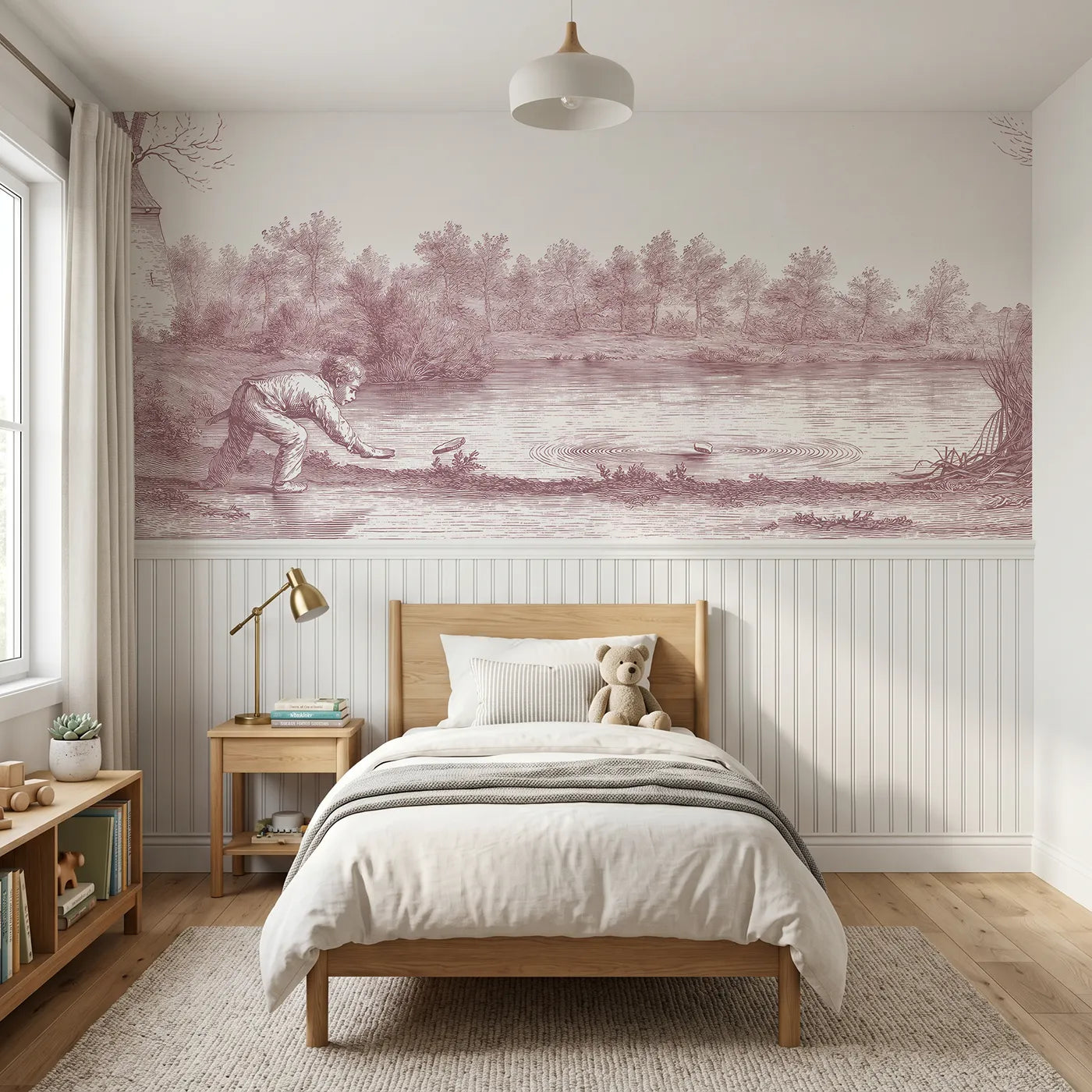 Toile wainscoting wallpaper of skipping the flat stone in pink by Whimsy Tots
