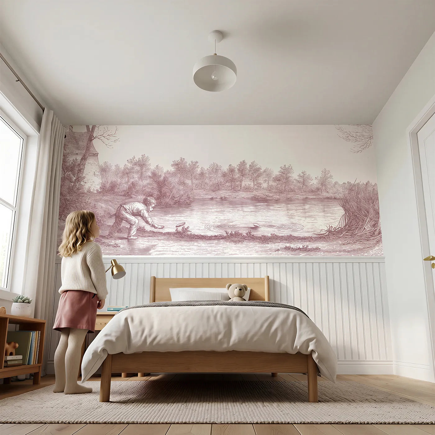 Child reading near Skipping The Flat Stone Wainscoting Wallpaper in Pink by Whimsy Tots