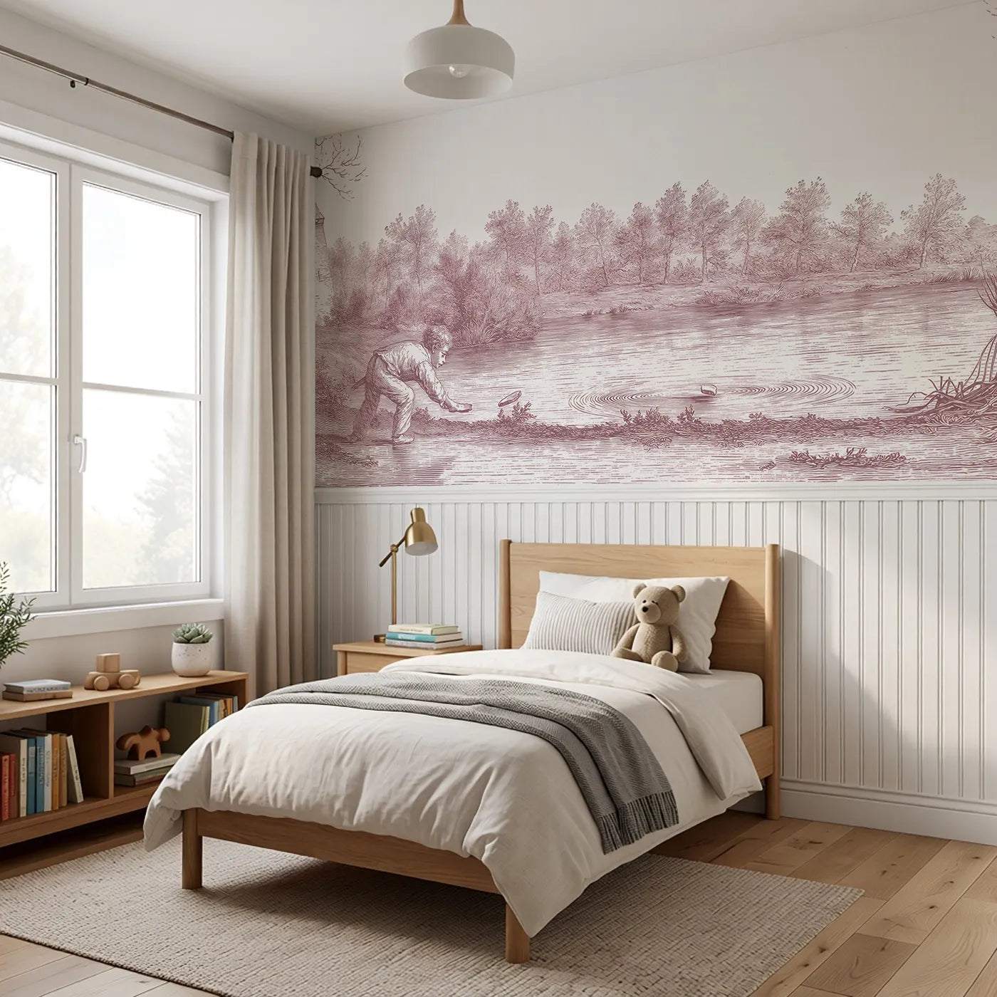 Skipping The Flat Stone Wainscoting Wallpaper in Pink styled in a kids room by Whimsy Tots
