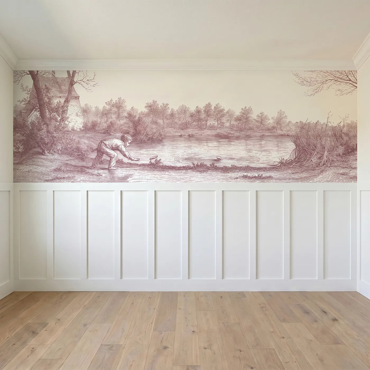 Full panel view of Skipping The Flat Stone Wainscoting Wallpaper in Pink by Whimsy Tots