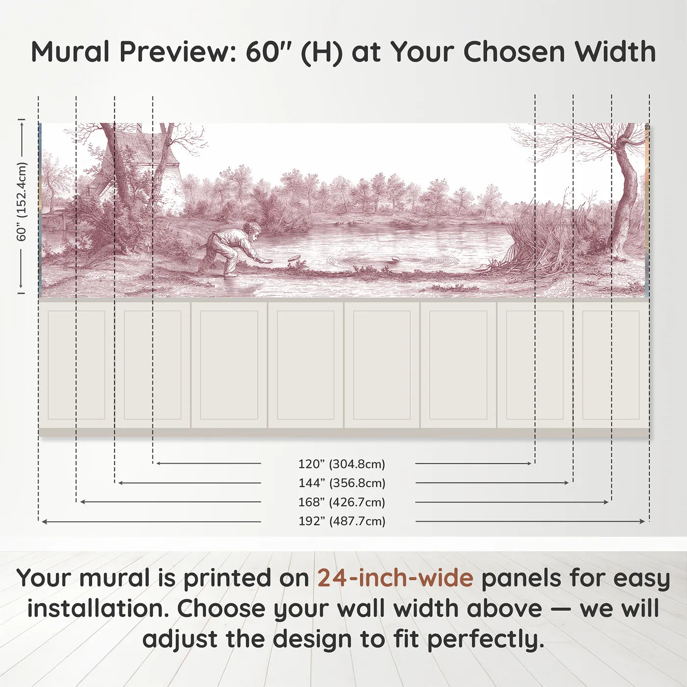 Panel dimensions for Skipping The Flat Stone Wainscoting Wallpaper in Pink by Whimsy Tots
