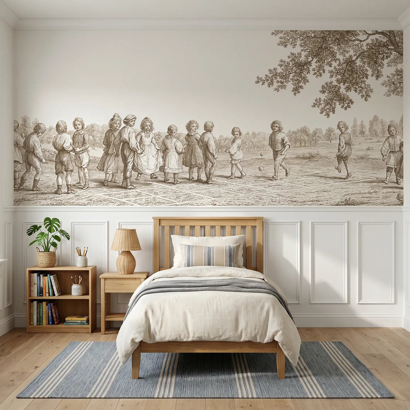 Toile wainscoting wallpaper of the hopscotch squares in brown by Whimsy Tots