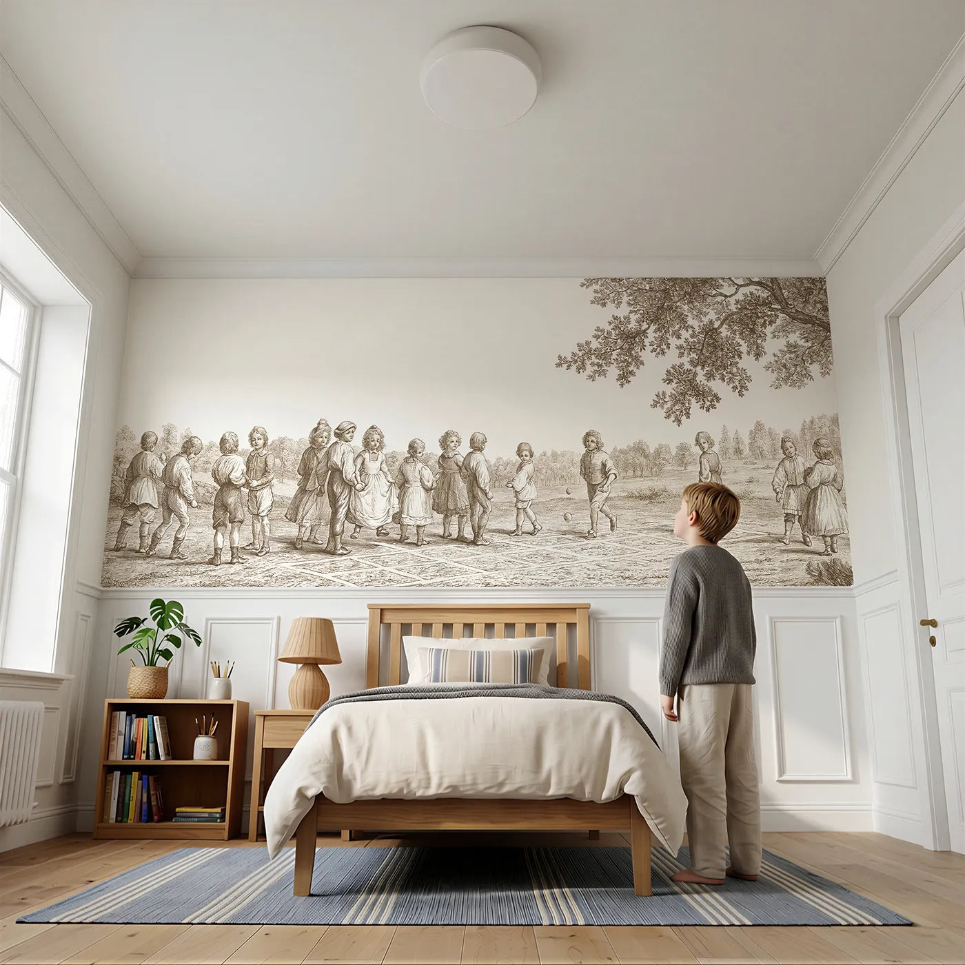 Child reading near The Hopscotch Squares Wainscoting Wallpaper in Brown by Whimsy Tots