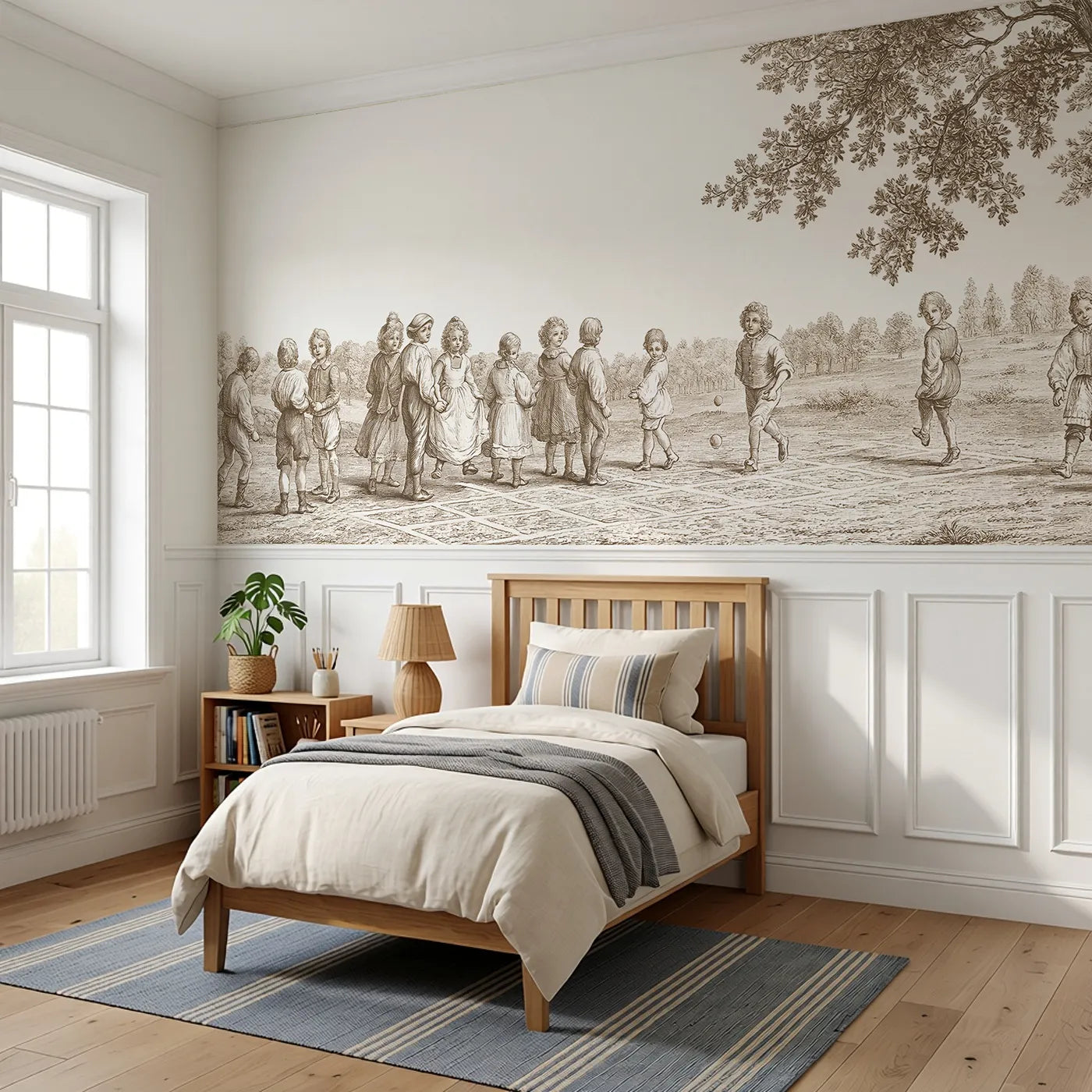 The Hopscotch Squares Wainscoting Wallpaper in Brown styled in a kids room by Whimsy Tots