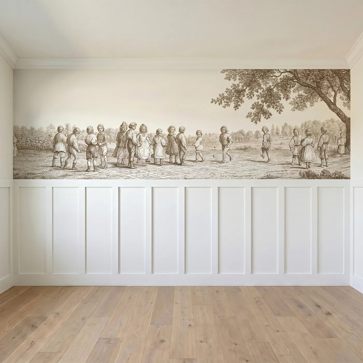 Full panel view of The Hopscotch Squares Wainscoting Wallpaper in Brown by Whimsy Tots