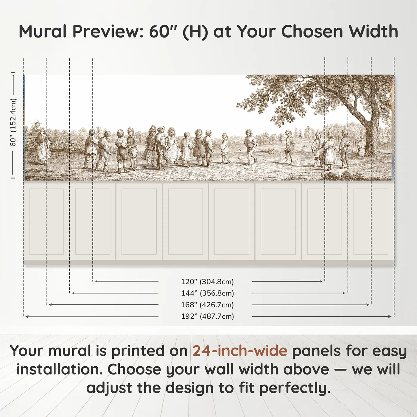 Panel dimensions for The Hopscotch Squares Wainscoting Wallpaper in Brown by Whimsy Tots