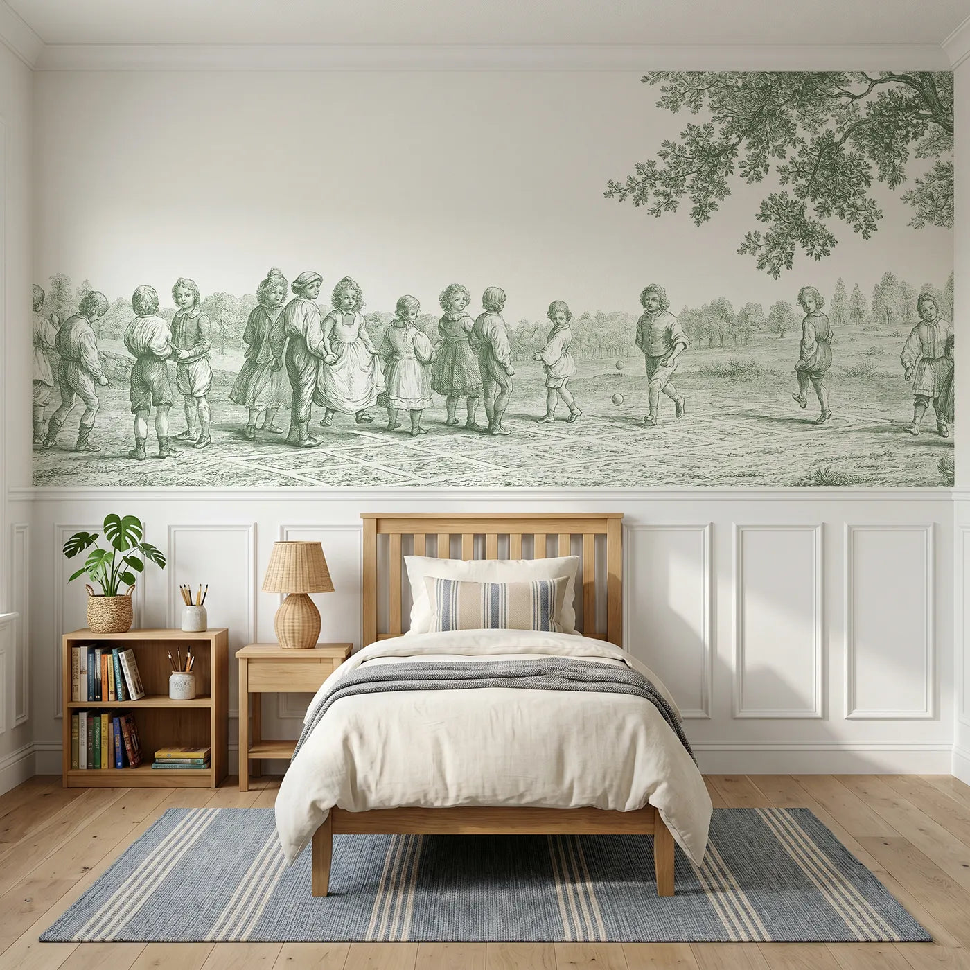 Toile wainscoting wallpaper of the hopscotch squares in green by Whimsy Tots