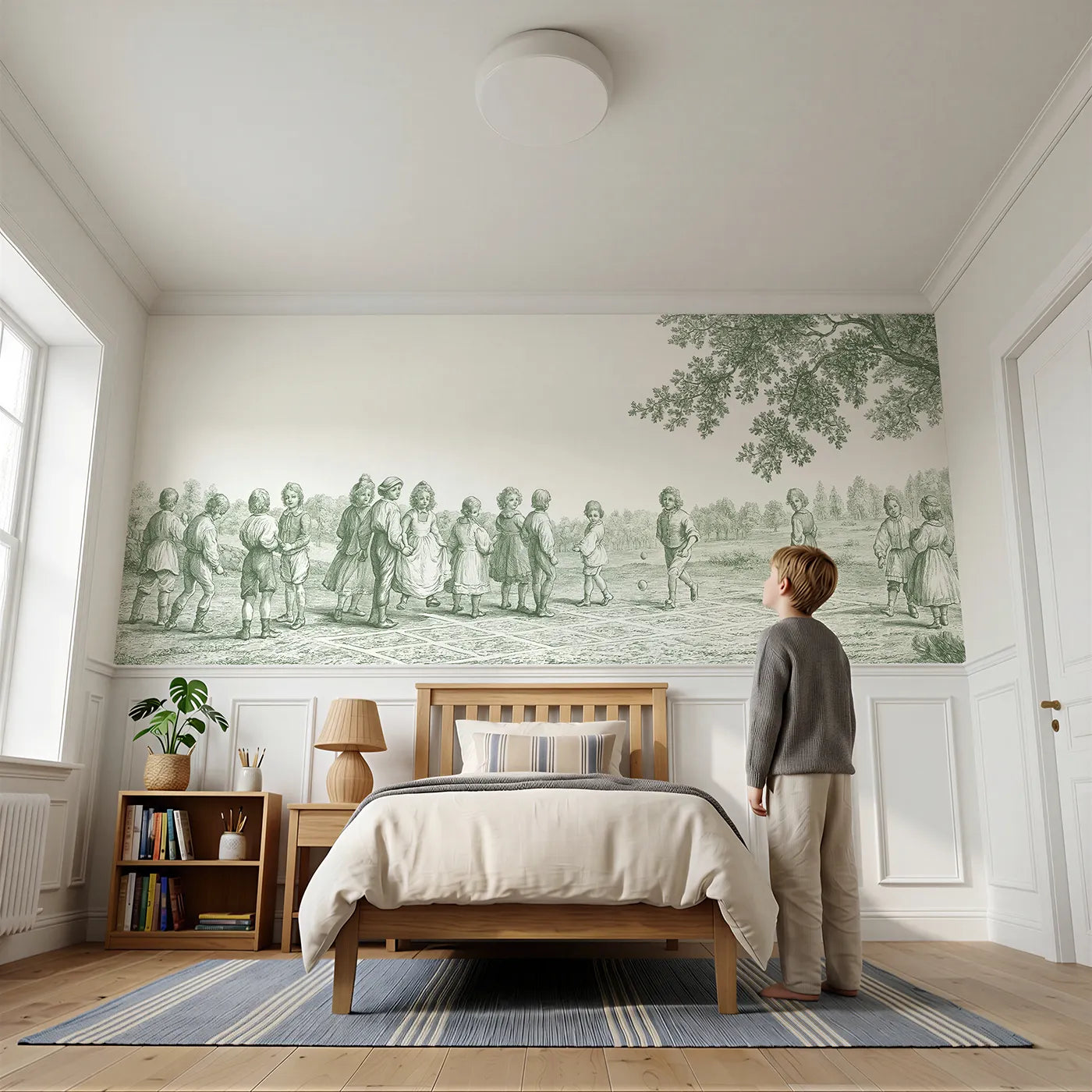 Child reading near The Hopscotch Squares Wainscoting Wallpaper in Green by Whimsy Tots