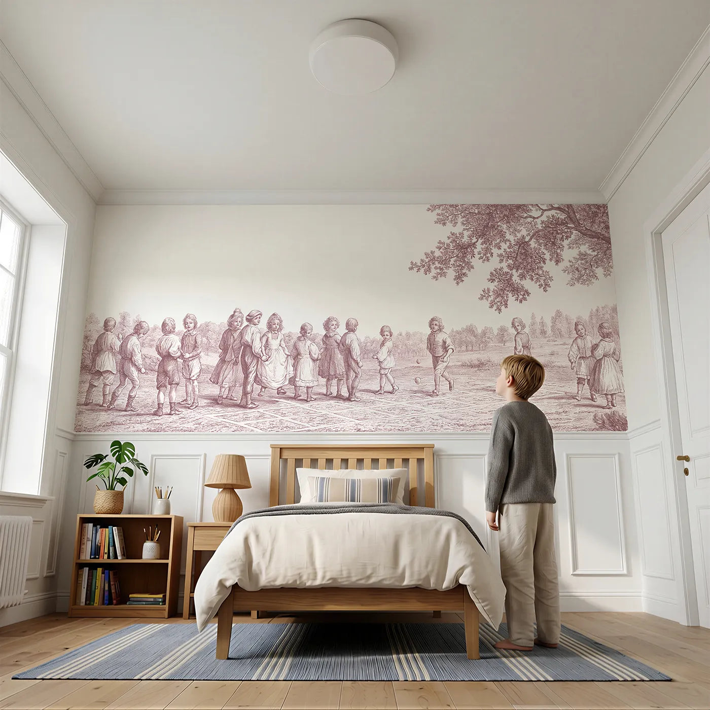 Child reading near The Hopscotch Squares Wainscoting Wallpaper in Pink by Whimsy Tots